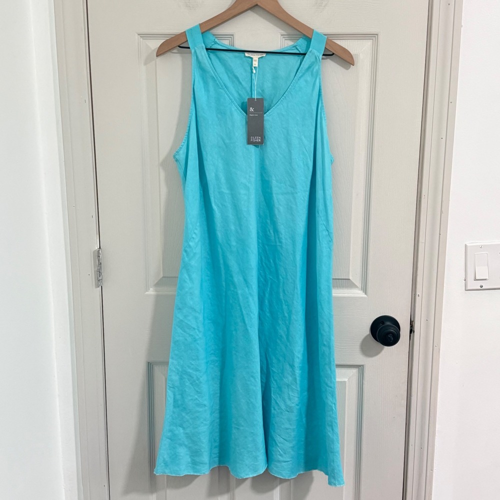 Eileen Fisher Organic Linen Dress Womens XL Blue Sleeveless V-Neck Shift Coastal